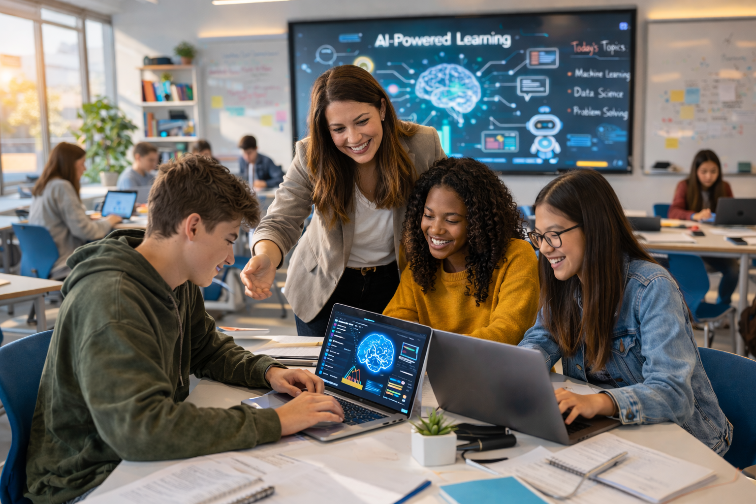 Teacher helping a student use an AI-powered learning tool on a laptop while other students collaborate in a modern classroom.