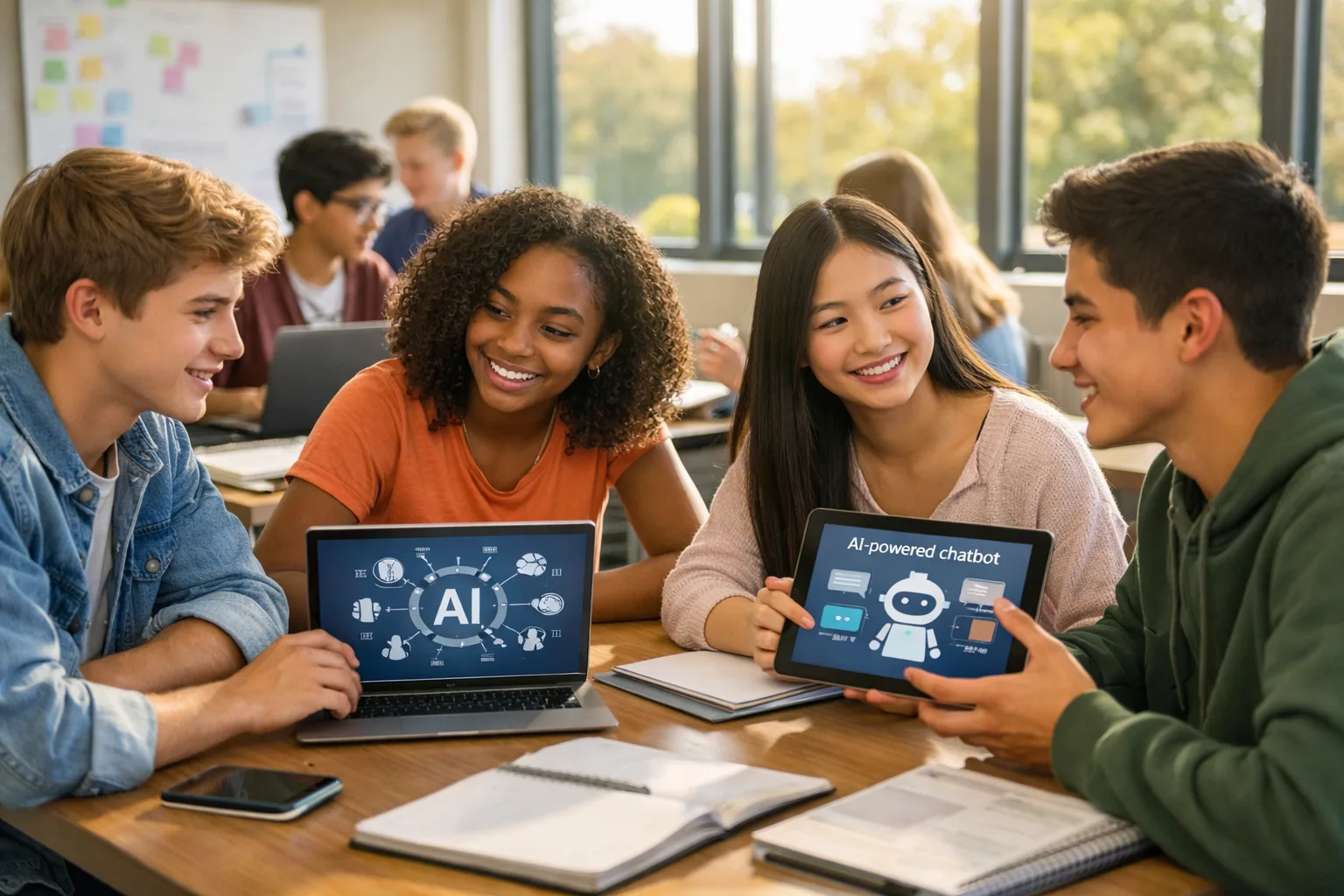 Diverse high school students brainstorming together around a laptop in a modern classroom, collaborating and discussing ideas in an AI-supported learning environment