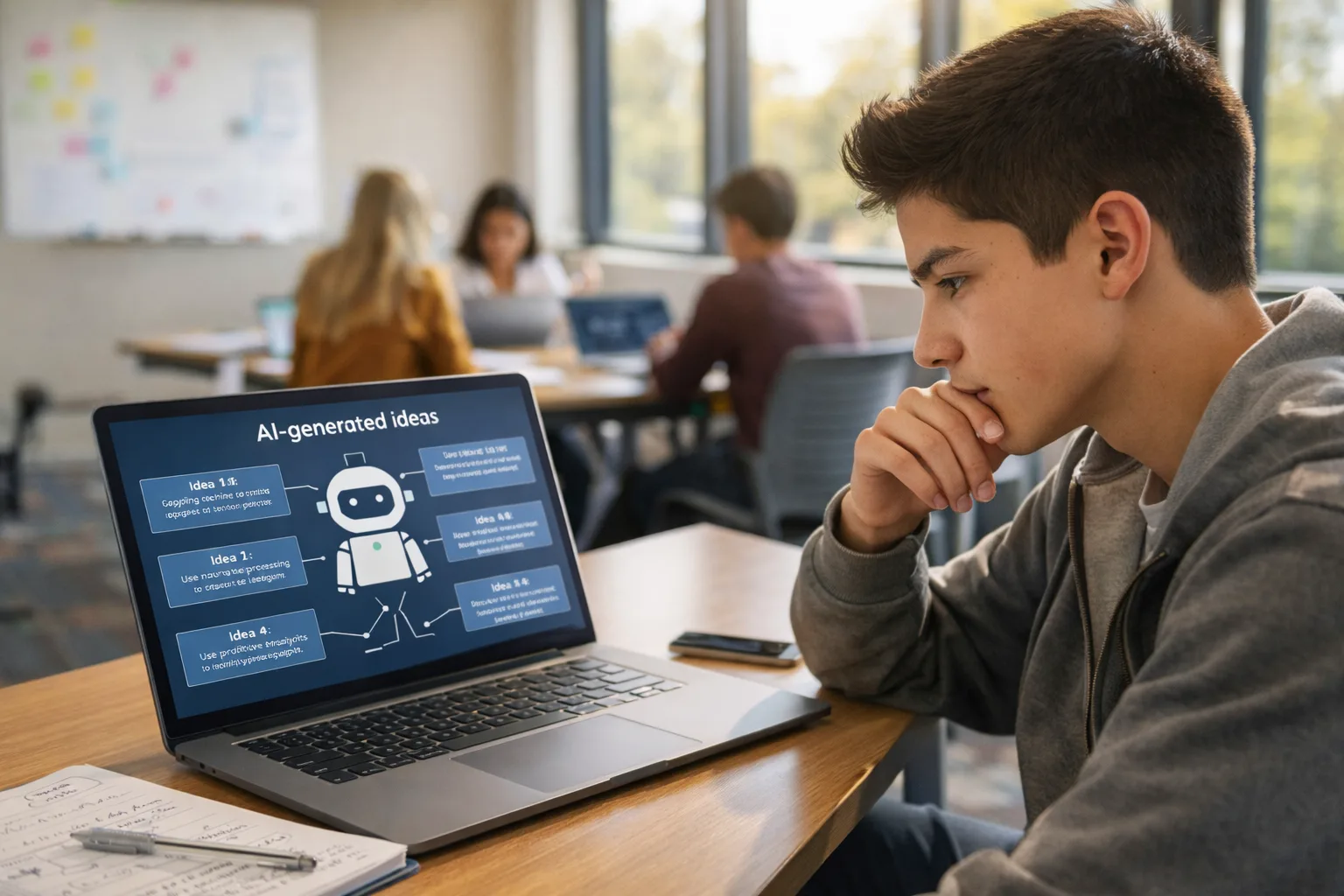 Teen student in a modern classroom critically reviewing AI-generated ideas on a laptop while taking notes and thinking.