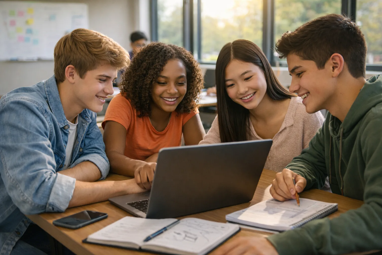 Group of diverse high school students collaborating around a laptop in a modern classroom while brainstorming ideas together.