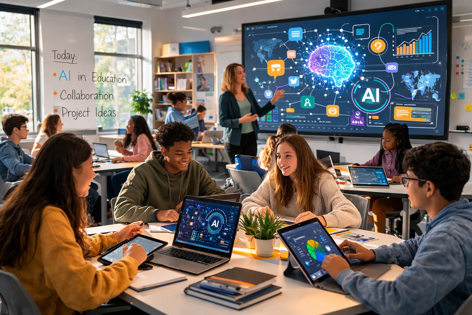 Students collaborating in a modern classroom using AI-powered learning tools on laptops and tablets while a teacher leads discussion on a large interactive digital screen.