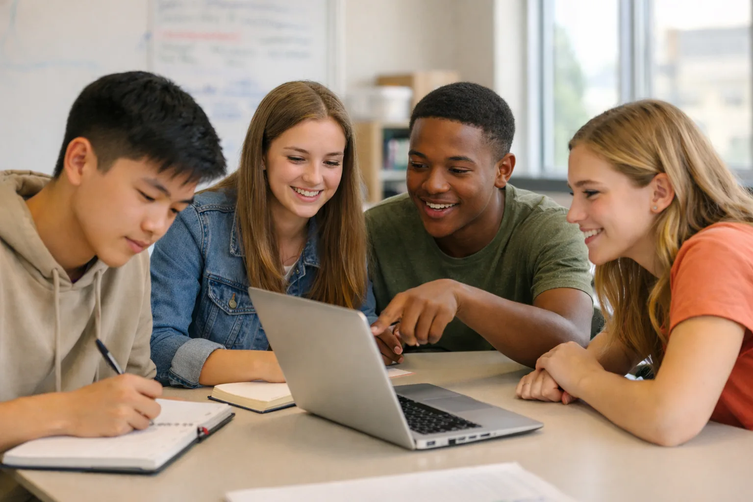 High school students collaborating with AI tools on a laptop while discussing ideas in a modern classroom.
