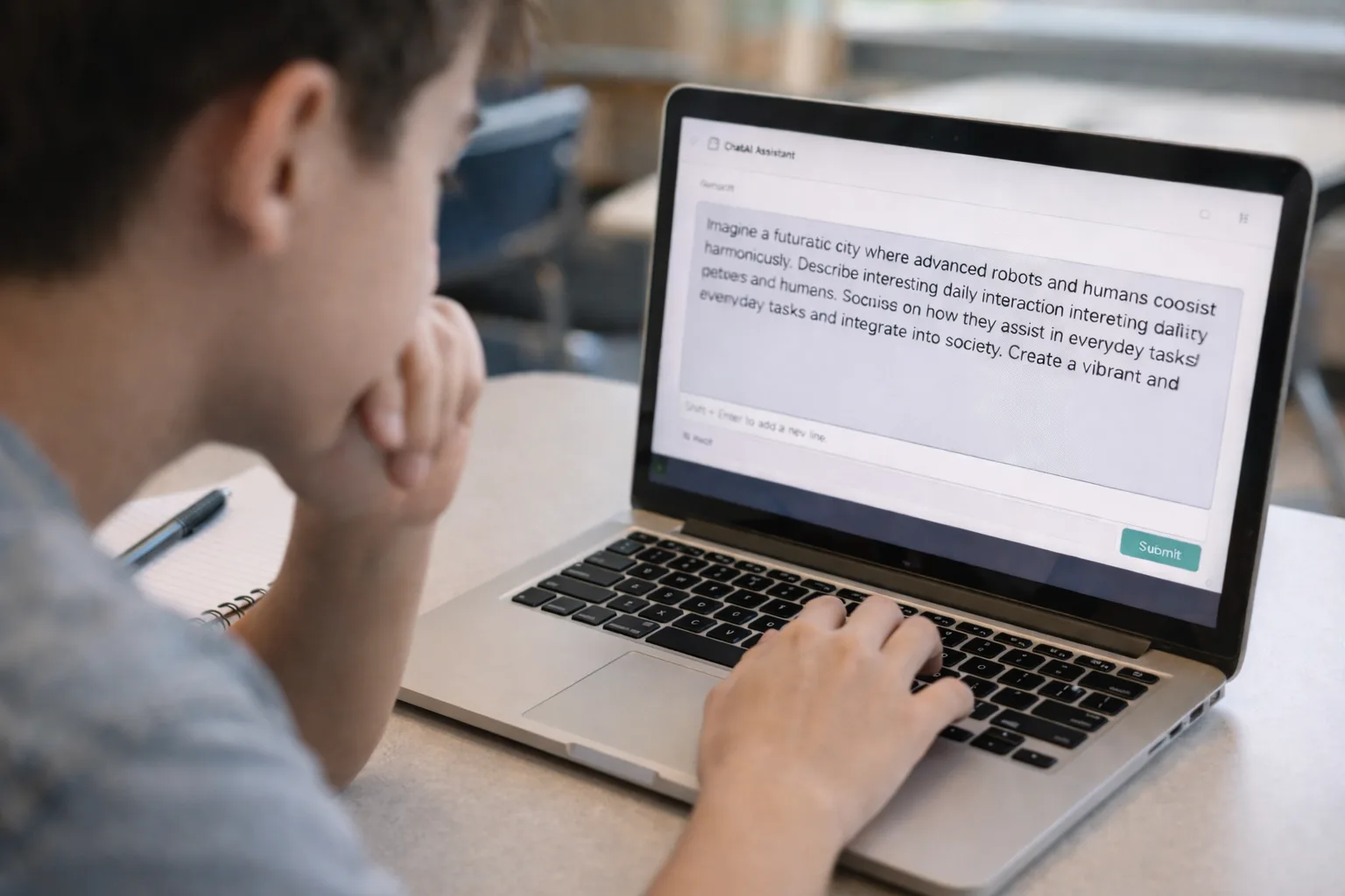 High school student writing an AI prompt on a laptop during classroom learning activity.