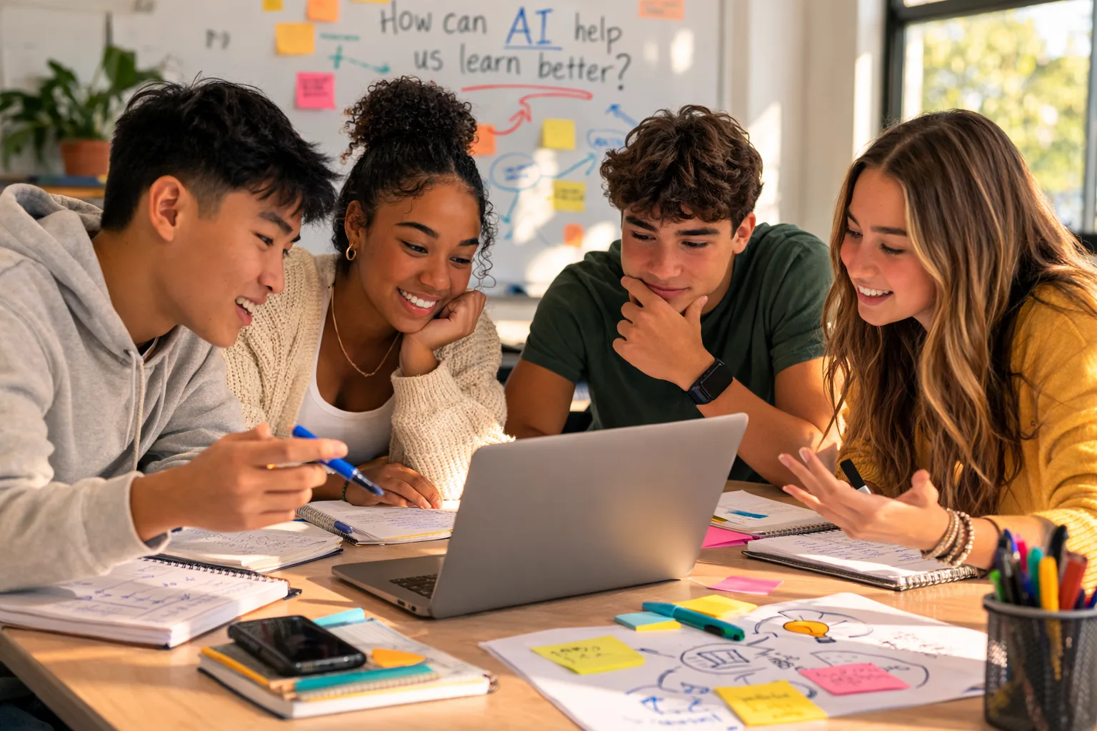 Teen students brainstorming ideas from AI results on a laptop during a collaborative classroom discussion.